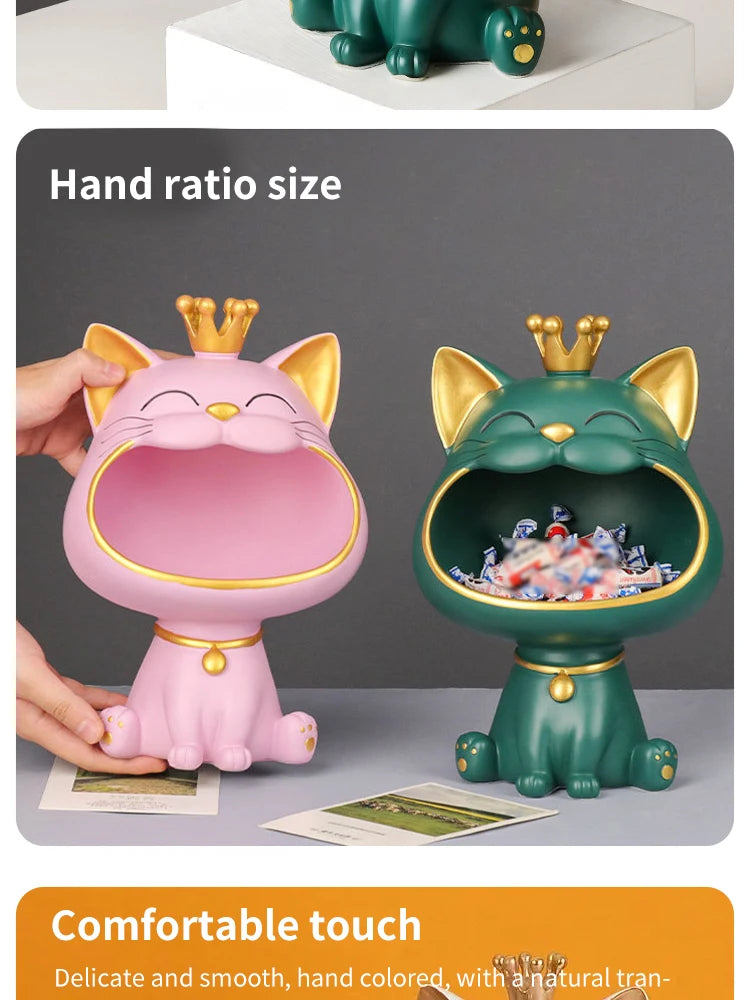 Fortune Crown Big Mouth Cat Entrance Key Storage Tray Decorative Ornament, Light Luxury Housewarming Gift Sculpture