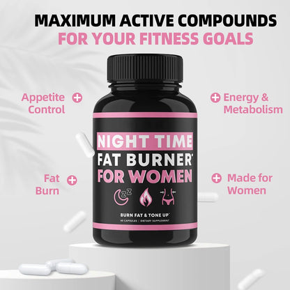 Night Time Fat Burner Supplement for Women, Belly Fat Burner & Tone Up Pills for Bloating & Metabolism, Appetite Suppressant