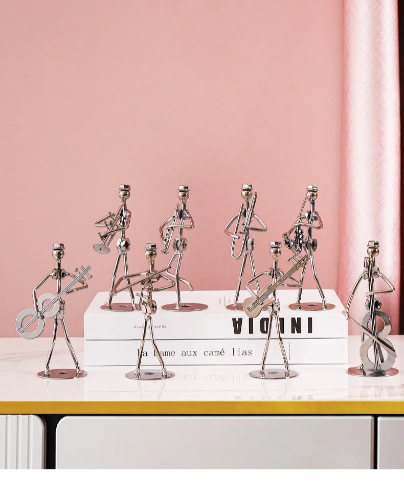 Metal Musician Guitar Player Statue Retro Sculpture Musical Instrument Little Iron Art Collectible Figurine Book Shelf Decor