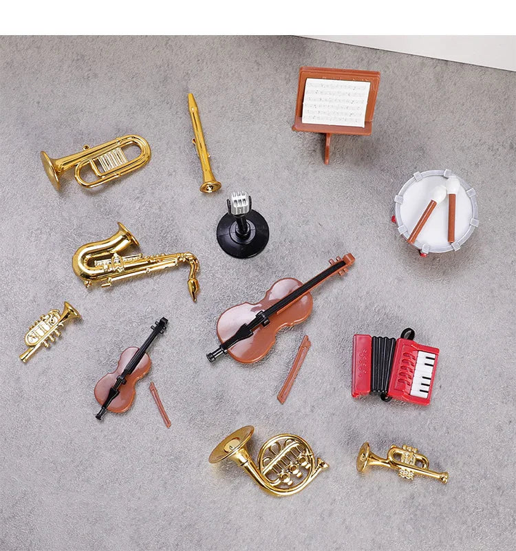 1set Dollhouse Musical Instrument Model Accordion Saxophone Classical Instruments Miniature Scene Props Decoration Figurines