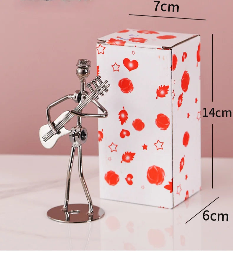 Metal Musician Guitar Player Statue Retro Sculpture Musical Instrument Little Iron Art Collectible Figurine Book Shelf Decor