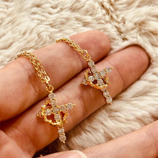 Rotatable Crown Rhinestone Cross Choker Necklace Earrings Rings for Women Minimalist Cross Chain Christian Jewelry Prayer Gift