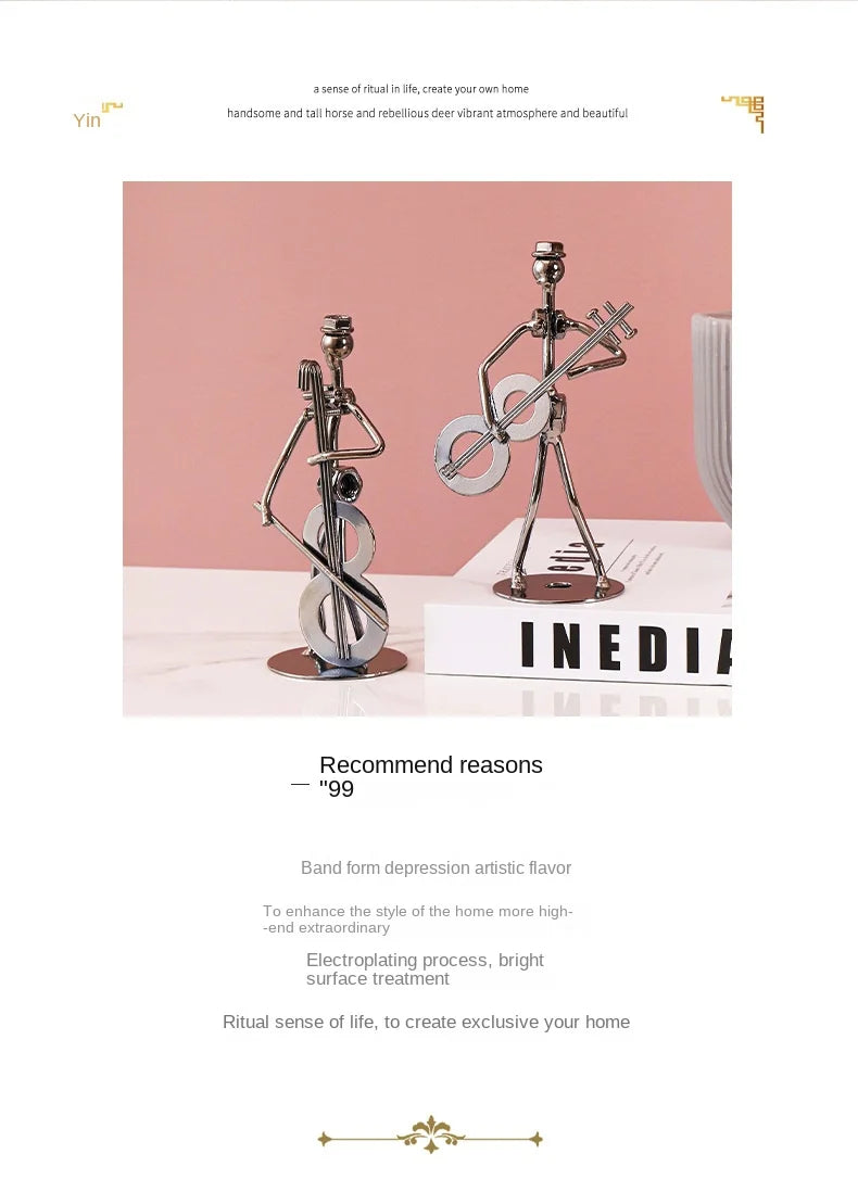 Metal Musician Guitar Player Statue Retro Sculpture Musical Instrument Little Iron Art Collectible Figurine Book Shelf Decor