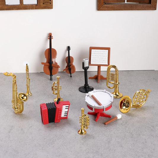 1set Dollhouse Musical Instrument Model Accordion Saxophone Classical Instruments Miniature Scene Props Decoration Figurines