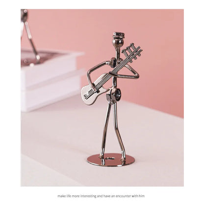 Metal Musician Guitar Player Statue Retro Sculpture Musical Instrument Little Iron Art Collectible Figurine Book Shelf Decor