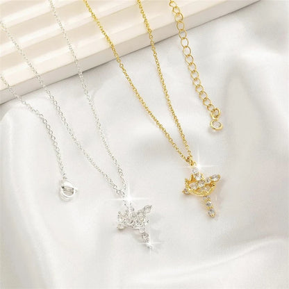 Rotatable Crown Rhinestone Cross Choker Necklace Earrings Rings for Women Minimalist Cross Chain Christian Jewelry Prayer Gift