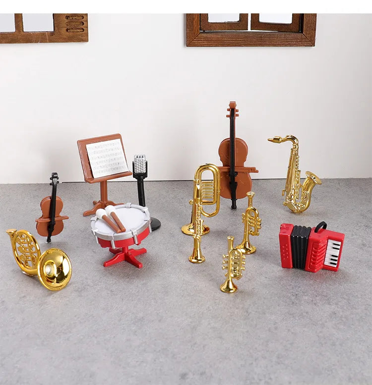 1set Dollhouse Musical Instrument Model Accordion Saxophone Classical Instruments Miniature Scene Props Decoration Figurines