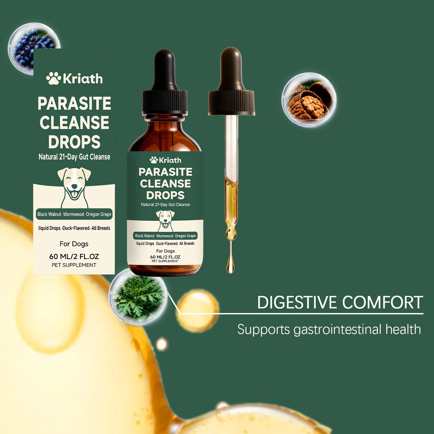Kriath Pet Digestive Supplement Drops Digestive Comfort Gastrointestinal Health Immune Support Gentle Dog Nutrition Supplement