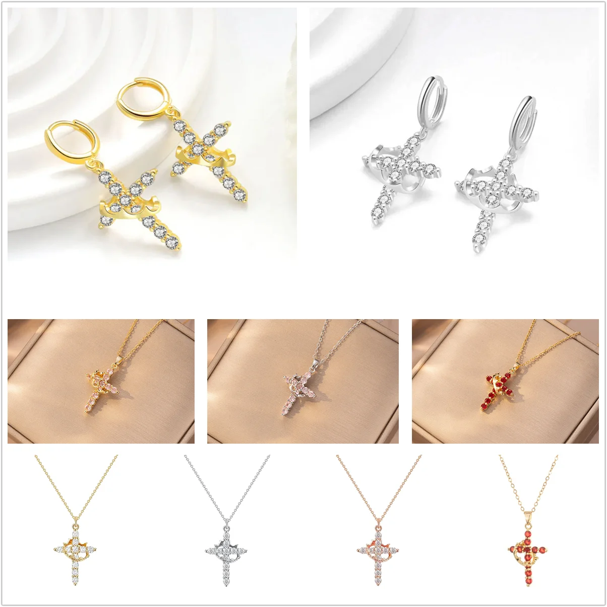 Rotatable Crown Rhinestone Cross Choker Necklace Earrings Rings for Women Minimalist Cross Chain Christian Jewelry Prayer Gift