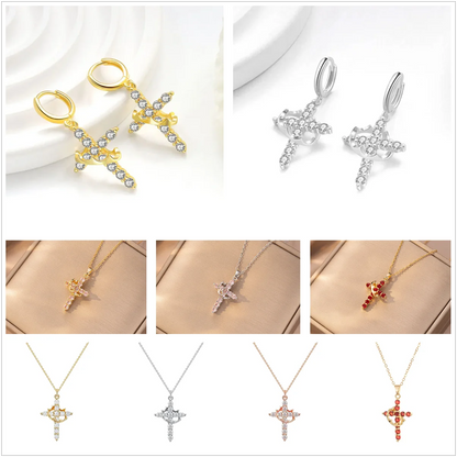 Rotatable Crown Rhinestone Cross Choker Necklace Earrings Rings for Women Minimalist Cross Chain Christian Jewelry Prayer Gift