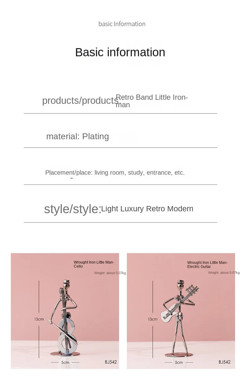 Metal Musician Guitar Player Statue Retro Sculpture Musical Instrument Little Iron Art Collectible Figurine Book Shelf Decor