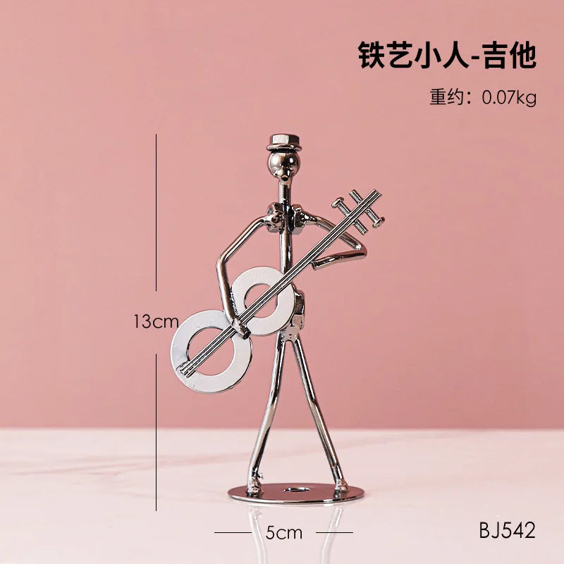 Metal Musician Guitar Player Statue Retro Sculpture Musical Instrument Little Iron Art Collectible Figurine Book Shelf Decor