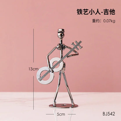 Metal Musician Guitar Player Statue Retro Sculpture Musical Instrument Little Iron Art Collectible Figurine Book Shelf Decor