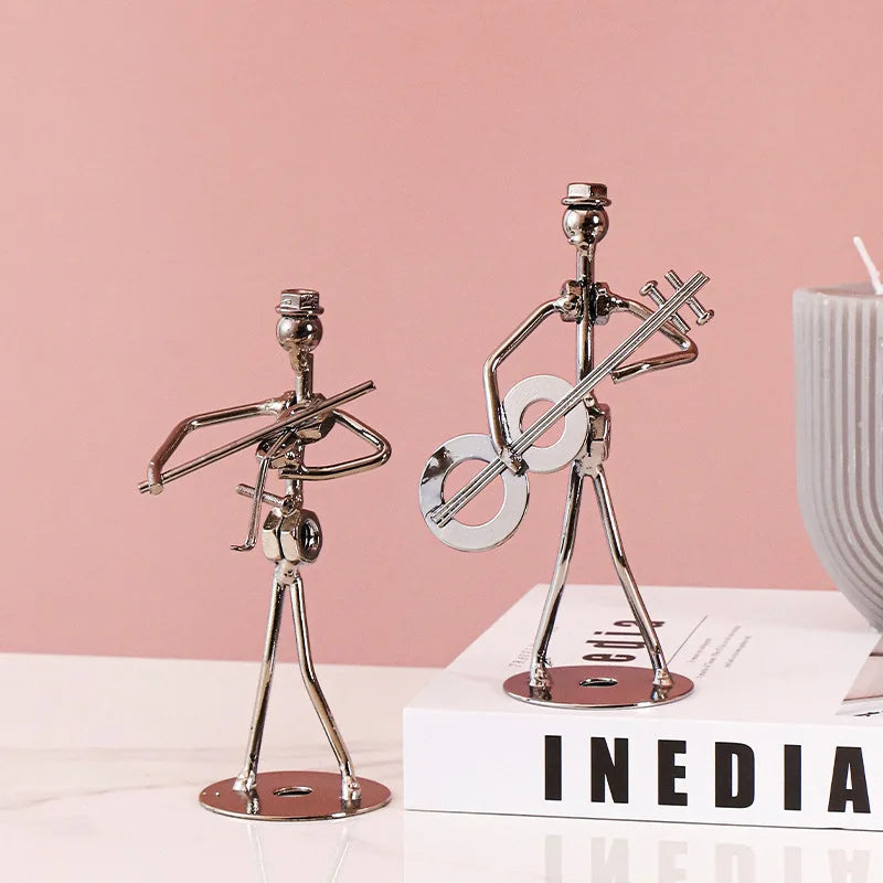 Metal Musician Guitar Player Statue Retro Sculpture Musical Instrument Little Iron Art Collectible Figurine Book Shelf Decor
