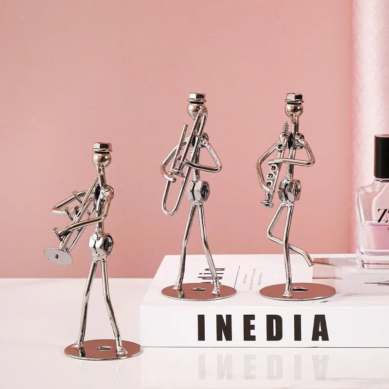 Metal Musician Guitar Player Statue Retro Sculpture Musical Instrument Little Iron Art Collectible Figurine Book Shelf Decor