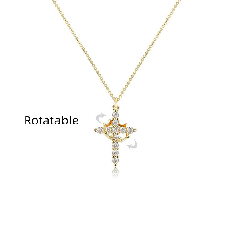 Rotatable Crown Rhinestone Cross Choker Necklace Earrings Rings for Women Minimalist Cross Chain Christian Jewelry Prayer Gift