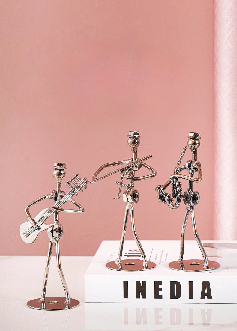 Metal Musician Guitar Player Statue Retro Sculpture Musical Instrument Little Iron Art Collectible Figurine Book Shelf Decor