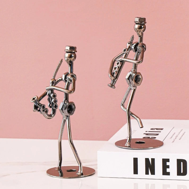 Metal Musician Guitar Player Statue Retro Sculpture Musical Instrument Little Iron Art Collectible Figurine Book Shelf Decor