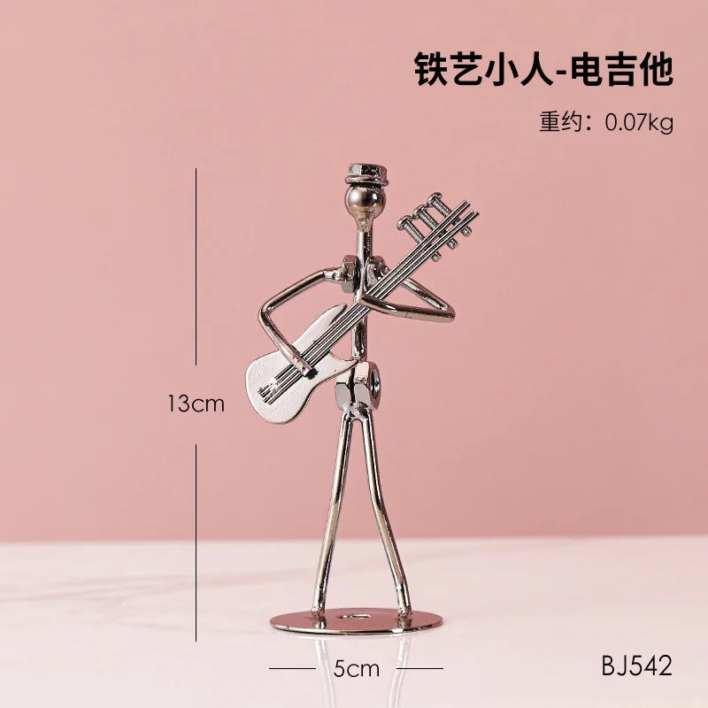 Metal Musician Guitar Player Statue Retro Sculpture Musical Instrument Little Iron Art Collectible Figurine Book Shelf Decor