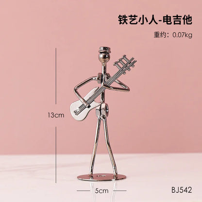 Metal Musician Guitar Player Statue Retro Sculpture Musical Instrument Little Iron Art Collectible Figurine Book Shelf Decor